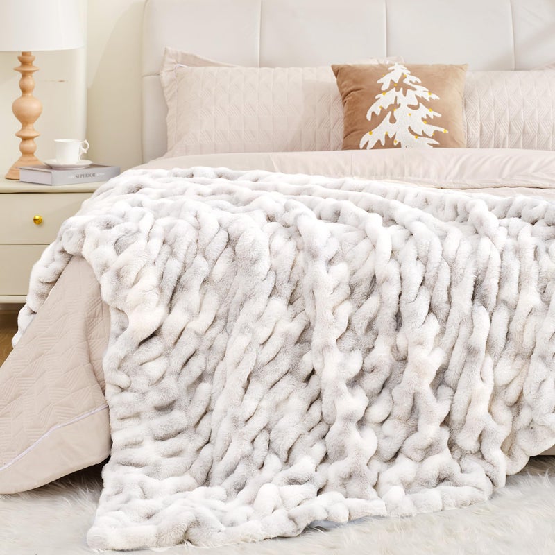 Touchat Ruched Faux Rabbit Fur Throw Blanket, 700 GSM Luxury Dual-Sided Soft Cozy Blanket, Fuzzy Fluffy Plush Blanket for Bed, Couch and Sofa - 50"x60", Tie-dye Gray - Image 5