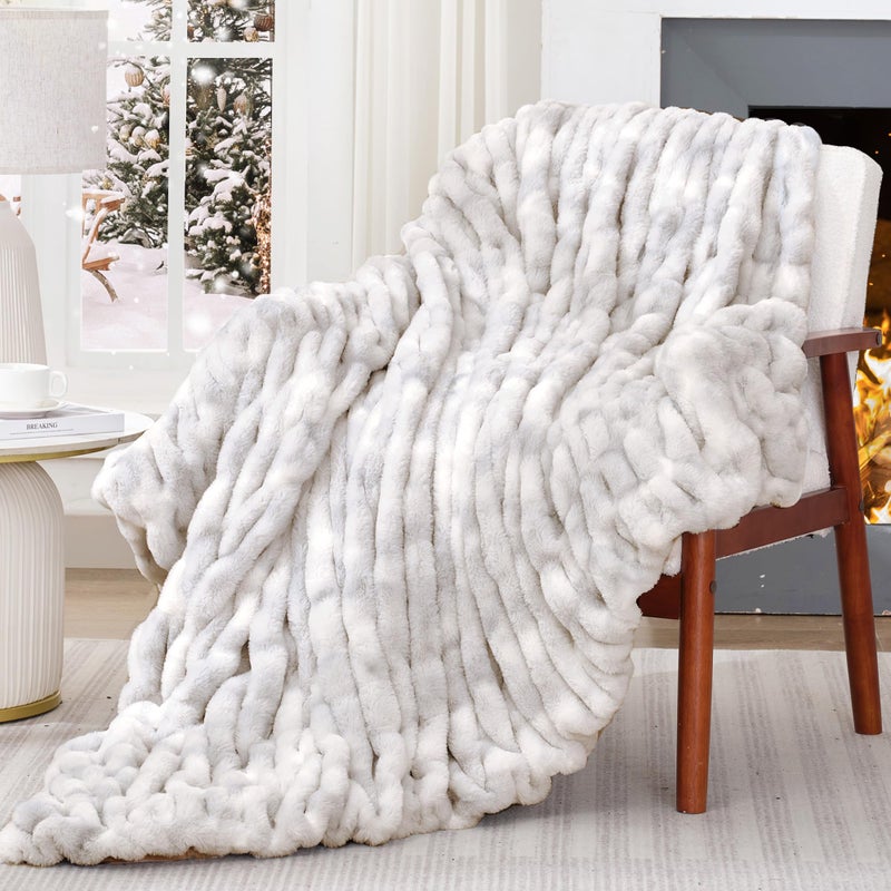 Touchat Ruched Faux Rabbit Fur Throw Blanket, 700 GSM Luxury Dual-Sided Soft Cozy Blanket, Fuzzy Fluffy Plush Blanket for Bed, Couch and Sofa - 50"x60", Tie-dye Gray - Image 1