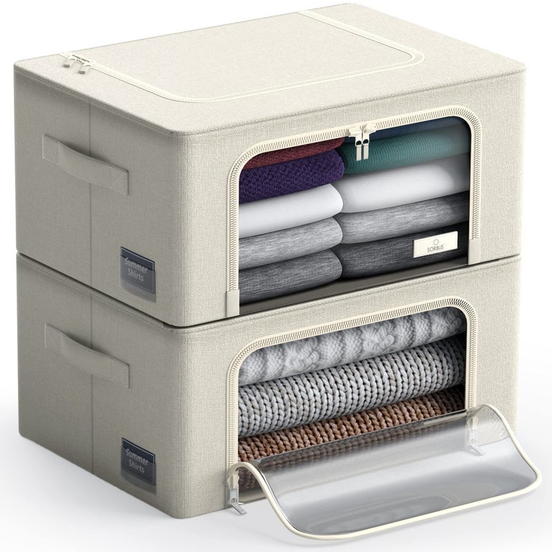 Sorbus Storage Bins with Metal Frame Stackable Foldable Clothes Organizer Bags Oxford Fabric Storage Containers with Large Clear Window Carry Handles Bedroom Organization for Bedding Linen - Image 2
