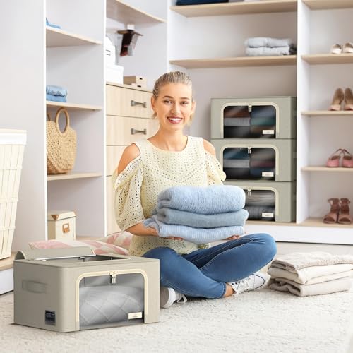 Sorbus Storage Bins with Metal Frame Stackable Foldable Clothes Organizer Bags Oxford Fabric Storage Containers with Large Clear Window Carry Handles Bedroom Organization for Bedding Linen - Image 3