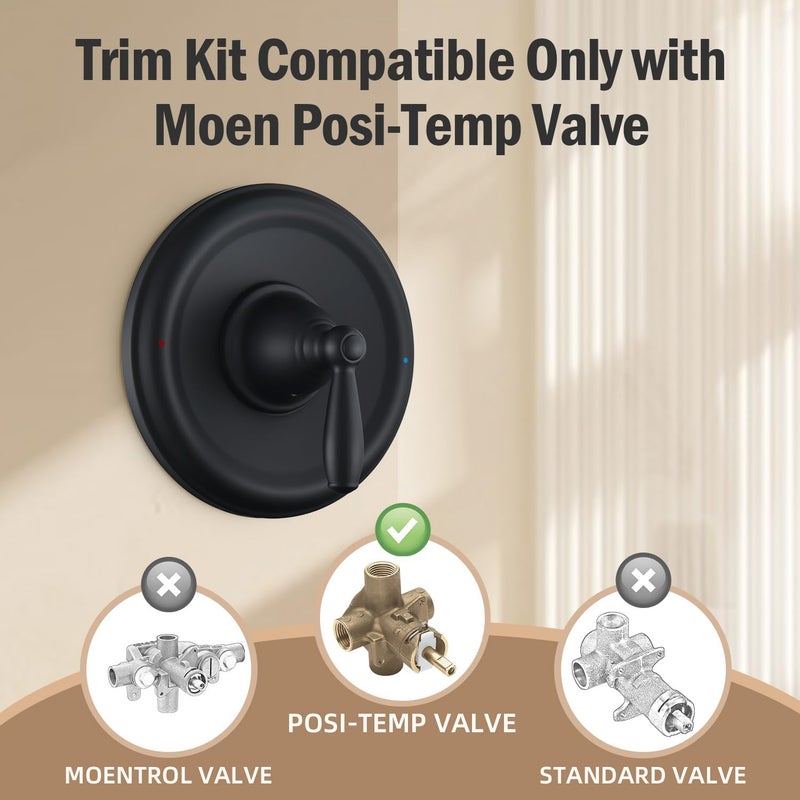 Ahenbal Replacement for Moen T2151BL Brantford Posi-Temp Valve Trim Kit, Pressure Balancing Tub and Shower Lever Handle，Matte Black - Image 5