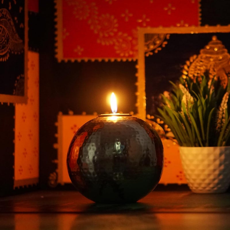 OGGN Hammered Metal Ball Tea Light Holder Round Tealight Home Decor Iron Metal Handcrafted Candle Stand Decorative Items for Home Living Room Pooja Room Large Silver - Image 1
