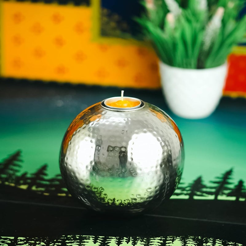 OGGN Hammered Metal Ball Tea Light Holder Round Tealight Home Decor Iron Metal Handcrafted Candle Stand Decorative Items for Home Living Room Pooja Room Large Silver - Image 4