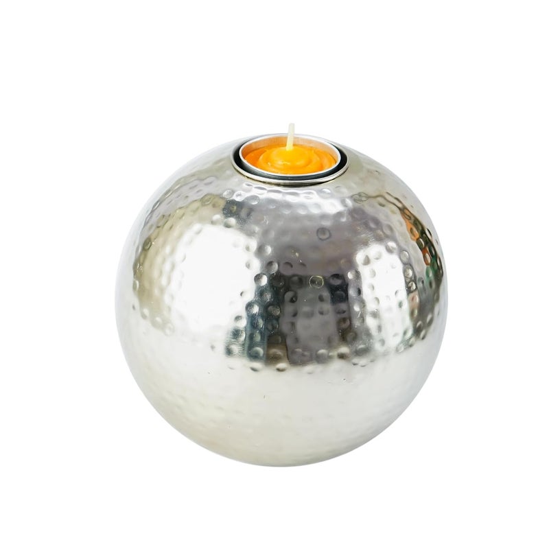 OGGN Hammered Metal Ball Tea Light Holder Round Tealight Home Decor Iron Metal Handcrafted Candle Stand Decorative Items for Home Living Room Pooja Room Large Silver - Image 3