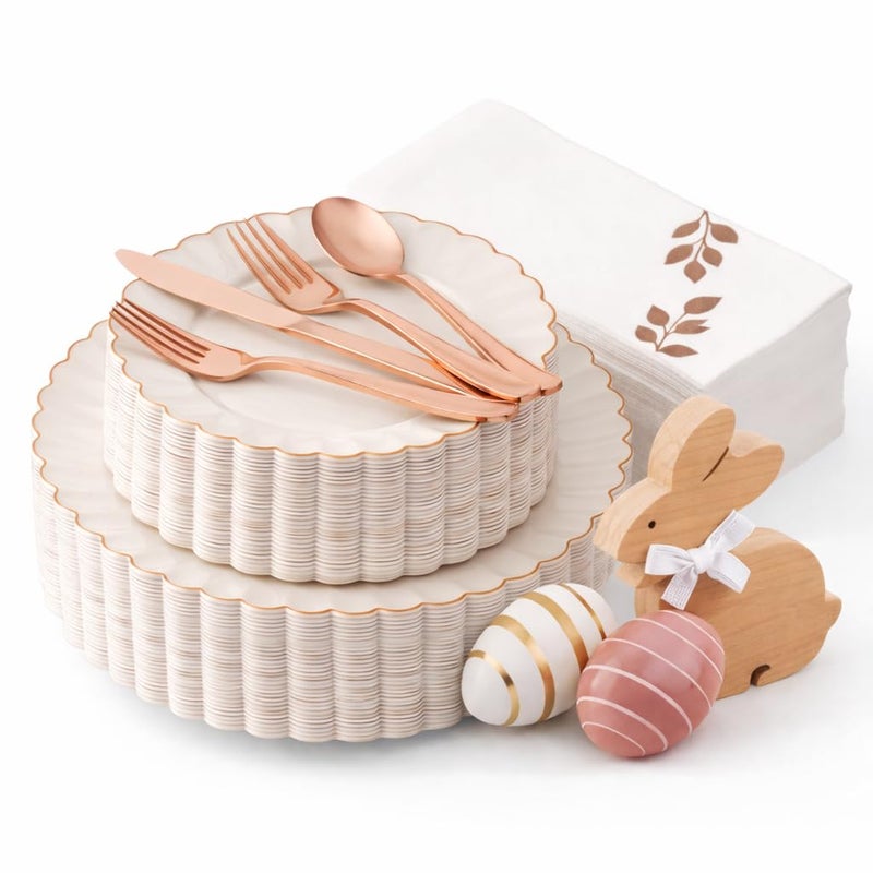 By Madee HEAVYWEIGHT 175Pc Easter Plates and Napkins Disposable | Fancy Disposable Dinnerware Set Ivory and Scalloped Plates with Rose God Trim, Cutlery & Linen-Feel Napkins (25 Guests) - Image 1