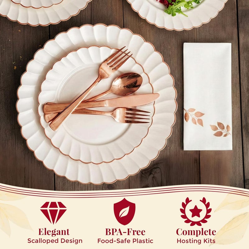 By Madee HEAVYWEIGHT 175Pc Easter Plates and Napkins Disposable | Fancy Disposable Dinnerware Set Ivory and Scalloped Plates with Rose God Trim, Cutlery & Linen-Feel Napkins (25 Guests) - Image 4