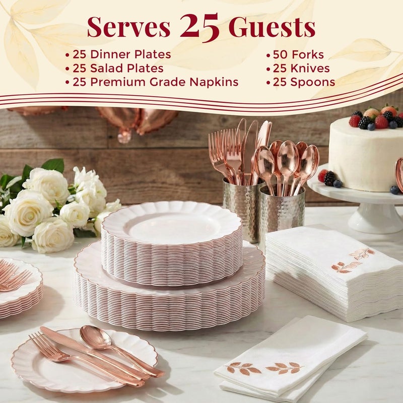 By Madee HEAVYWEIGHT 175Pc Easter Plates and Napkins Disposable | Fancy Disposable Dinnerware Set Ivory and Scalloped Plates with Rose God Trim, Cutlery & Linen-Feel Napkins (25 Guests) - Image 5
