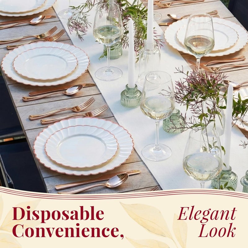 By Madee HEAVYWEIGHT 175Pc Easter Plates and Napkins Disposable | Fancy Disposable Dinnerware Set Ivory and Scalloped Plates with Rose God Trim, Cutlery & Linen-Feel Napkins (25 Guests) - Image 2