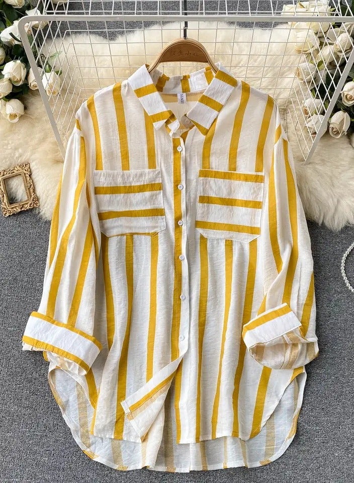Loquat Women's Striped Button Down Shirts Casual Long Sleeve Stylish Blouses Tops with Pockets Yellow Stripes  - Image 1