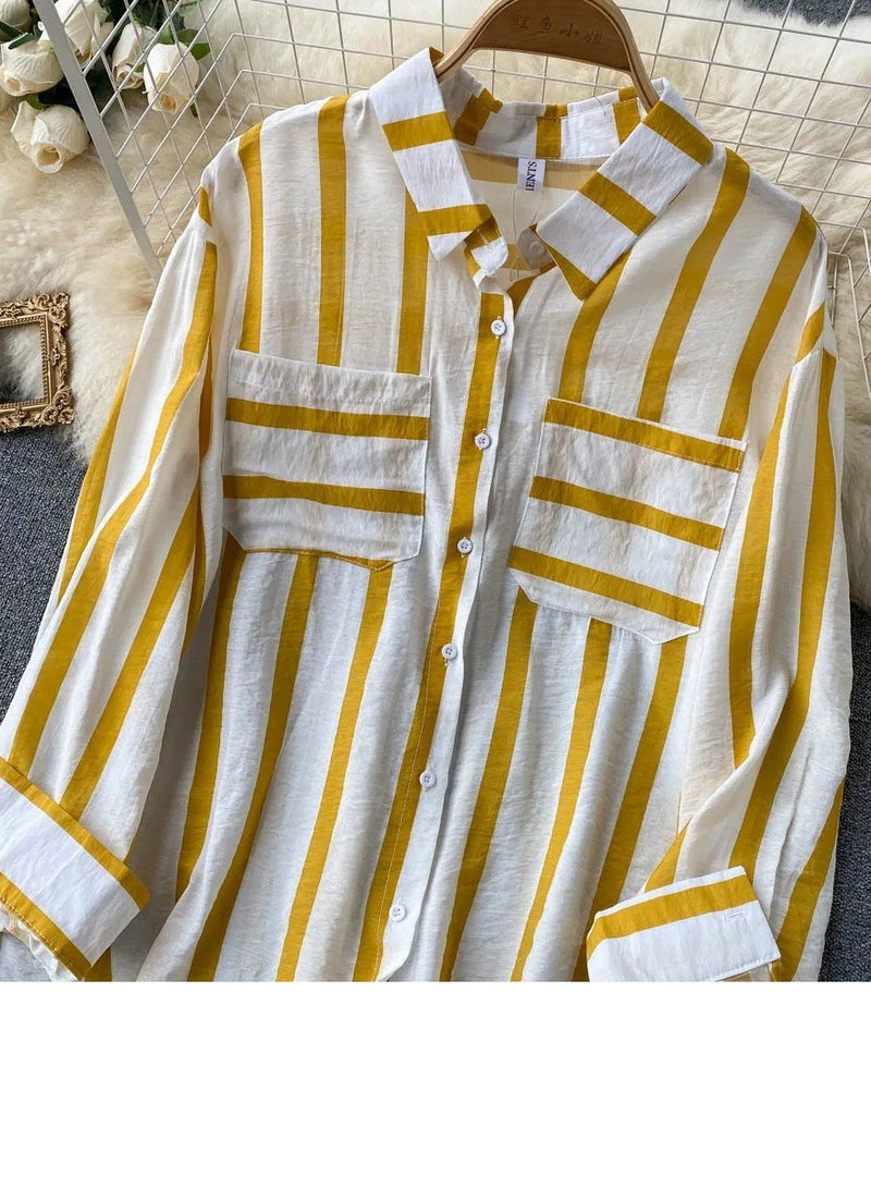 Loquat Women's Striped Button Down Shirts Casual Long Sleeve Stylish Blouses Tops with Pockets Yellow Stripes  - Image 2