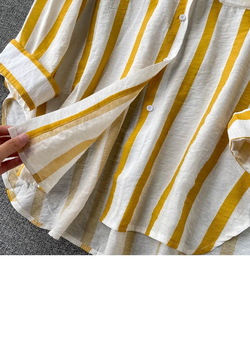 Loquat Women's Striped Button Down Shirts Casual Long Sleeve Stylish Blouses Tops with Pockets Yellow Stripes  - Image 3