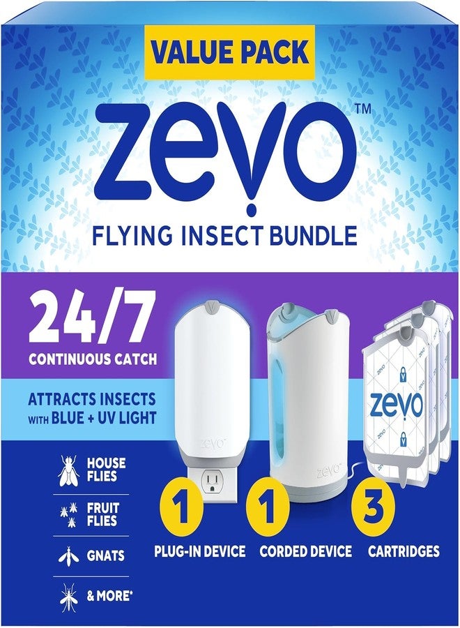 Zevo MAX Bug Catcher & Fly Trap for Indoors - Flying Insect Trap for Gnats, House & Fruit Flies - Use in Any Room - No-Mess Disposal (2 Plug in Bases & 3 Cartridges) - Image 1