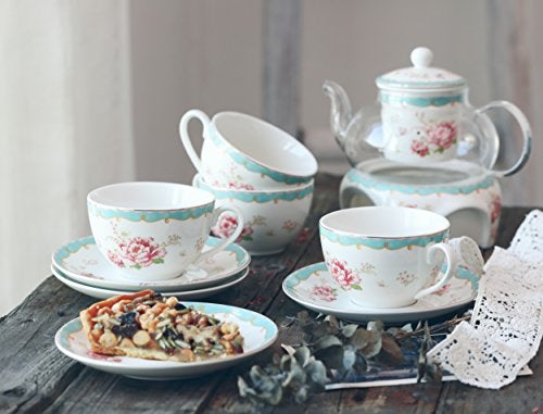 Jusalpha Fine China Tea Sets Vintage Rose Flower Series Coffee Cup-Teacup Saucer Spoon Set with Teapot Warmer & Filter (Rose Glass pot 03) - Image 2