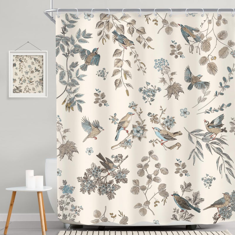 MESHELLY Floral and Birds Shower Curtain 60Wx72H Vintage Farmhouse Garden Flower Leaf Plant Beige Green Nature Elegant Chinoiserie Bath Curtain Cloth Fabric Bathroom Accessories Decor with 12 Hooks - Image 2