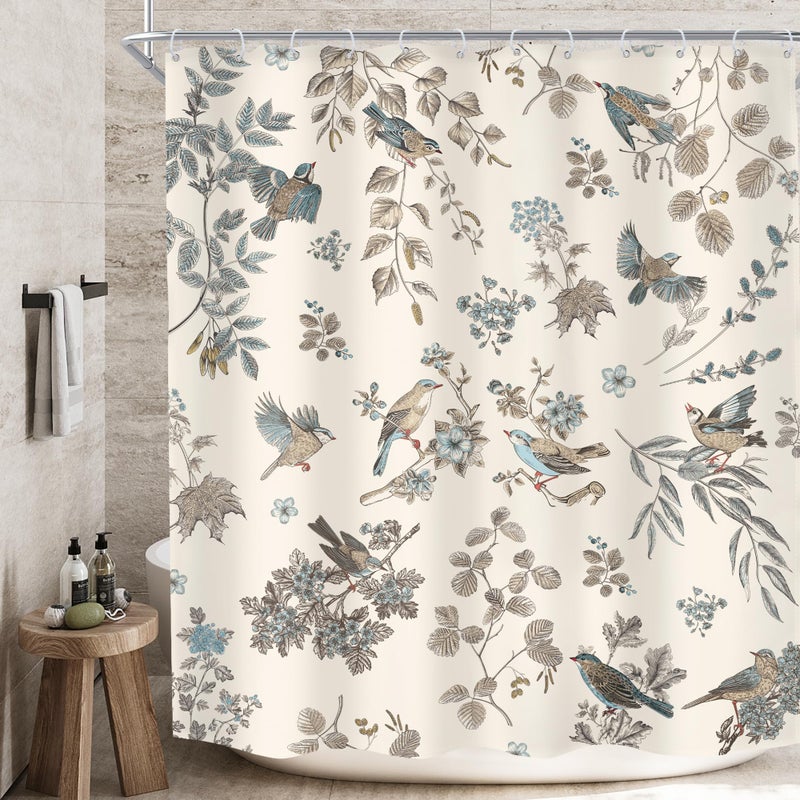 MESHELLY Floral and Birds Shower Curtain 60Wx72H Vintage Farmhouse Garden Flower Leaf Plant Beige Green Nature Elegant Chinoiserie Bath Curtain Cloth Fabric Bathroom Accessories Decor with 12 Hooks - Image 1