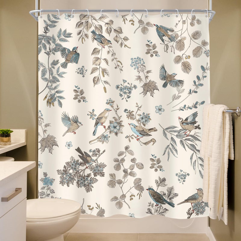 MESHELLY Floral and Birds Shower Curtain 60Wx72H Vintage Farmhouse Garden Flower Leaf Plant Beige Green Nature Elegant Chinoiserie Bath Curtain Cloth Fabric Bathroom Accessories Decor with 12 Hooks - Image 4