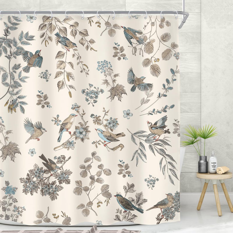 MESHELLY Floral and Birds Shower Curtain 60Wx72H Vintage Farmhouse Garden Flower Leaf Plant Beige Green Nature Elegant Chinoiserie Bath Curtain Cloth Fabric Bathroom Accessories Decor with 12 Hooks - Image 3