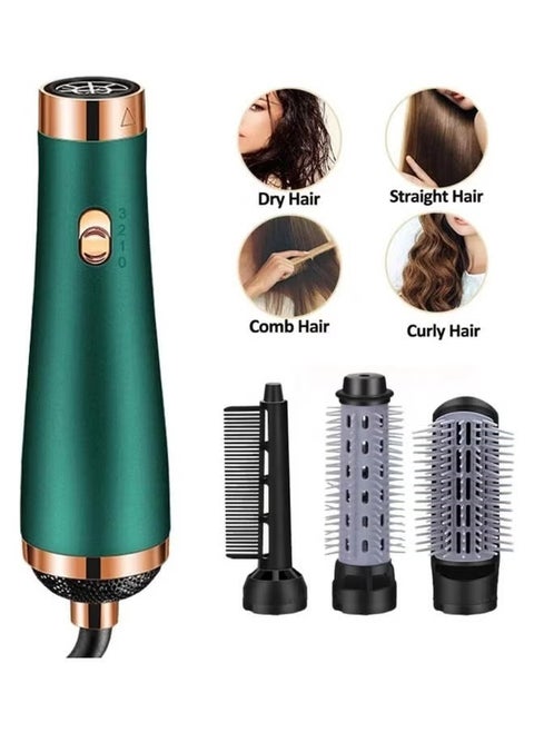3 In 1 Hair Dryer Straightener With Straighter, Curler & Volumizing Combs - Green