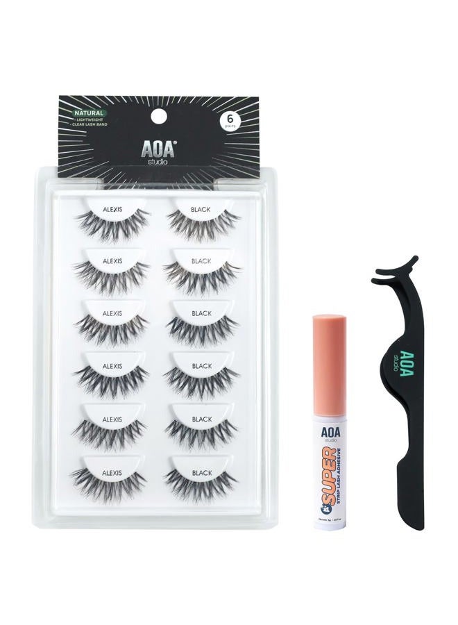 AOA Studio 6 Pairs Alexis Natural Handmade False Eyelashes with Glue and Tweezer Lash Kit Natural Volume Reusable Fake Eyelashes 100 Percent Handmade Cruelty Free - Image 1