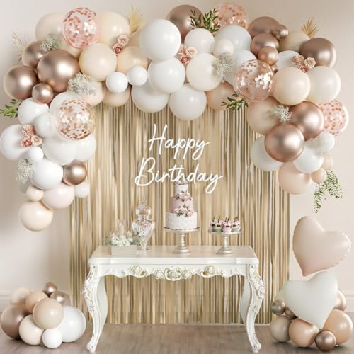 MEBAY White and Champagne Gold Balloons Garland Arch Kit with Rose Gold Fringe Curtain for Woman Girl Princess Engagement Bridal Shower Wedding Baby Shower Boho Birthday Party Decorations - Image 1