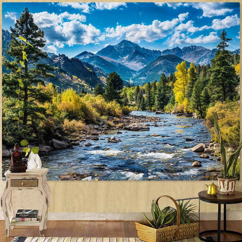 AMM Nature Forest Mountain Tapestry Green Pine Tree Tapestry for Bedroom Aesthetic White Clouds Flowing River Landscape Classroom Tapestries Wall Hanging for Living Room Dorm Office - Image 2