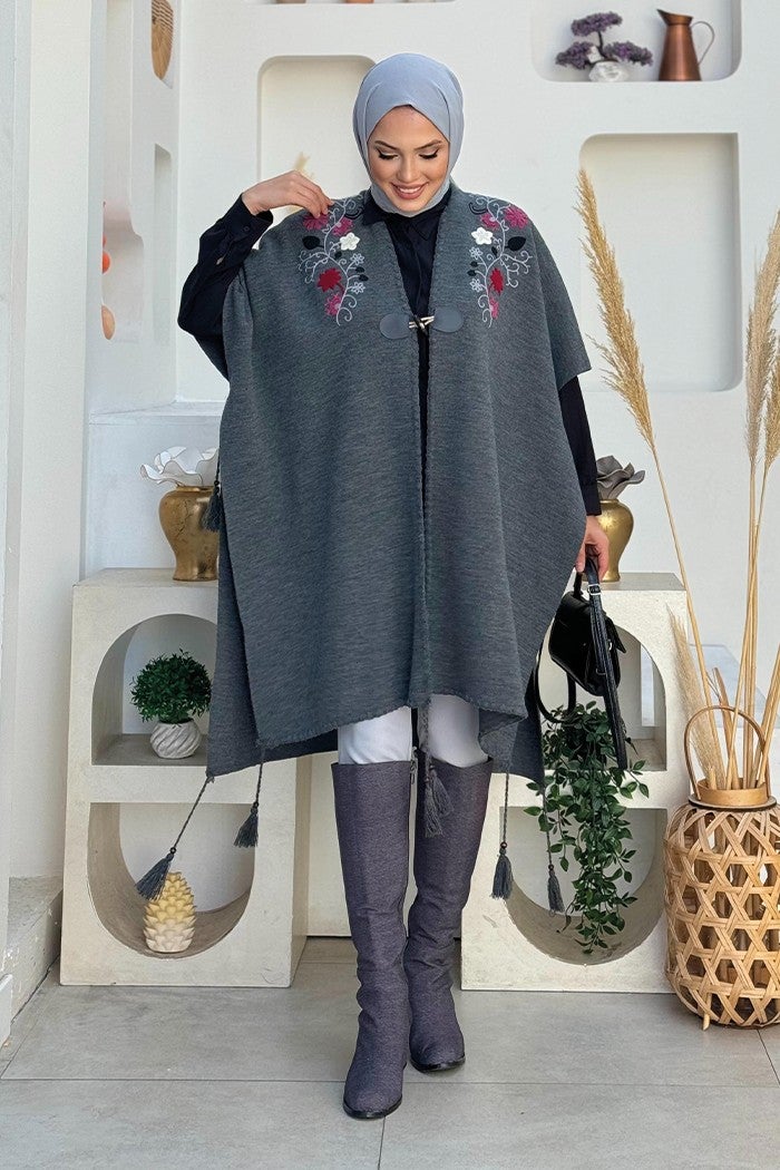 Bym Fashion Single Button Front Shoulder Embroidery Detailed Knitwear Poncho 12031 Smoke  - Image 1