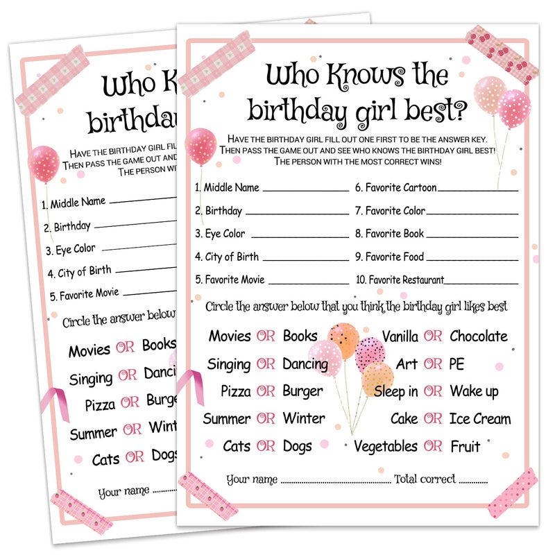 Who Knows the Birthday Girl Best  Girl Birthday Party Game  Themed Party Activity and Idea  Supplies Decorations  20 Game Cards