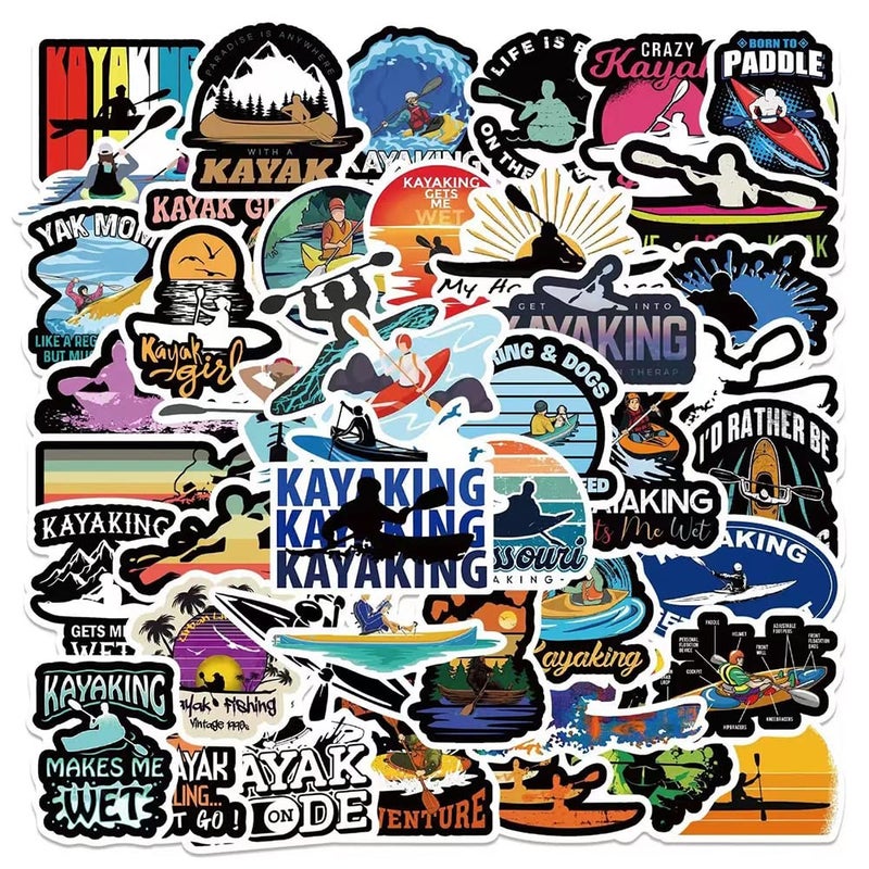 Kayak Kayaking Stickers 50 Pcs Canoe Kayaker Waterproof Vinyl Decals for Water Bottles Bicycle Laptop Refrigerator Luggage Computer Mobile Phone Skateboard Bike Dcor