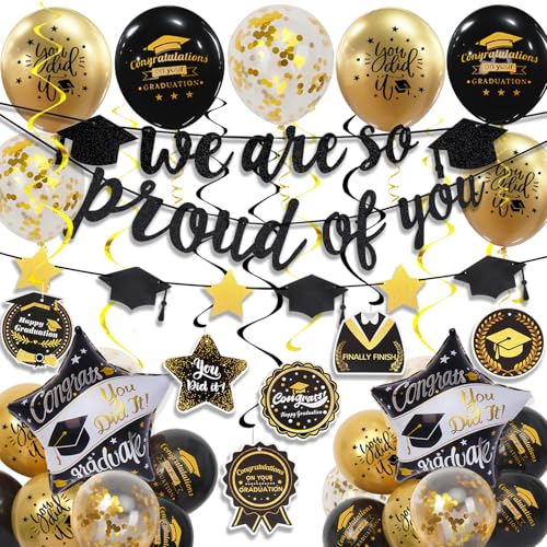 Douvelue Graduation Decorations Class of 2026 Black and Gold Graduation Balloons with Hanging Swirl We are So Proud of You Banner Congrats Grad Garland Party Supplies - Image 1