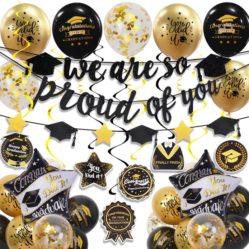Douvelue Graduation Decorations Class of 2026 Black and Gold Graduation Balloons with Hanging Swirl We are So Proud of You Banner Congrats Grad Garland Party Supplies - Image 2