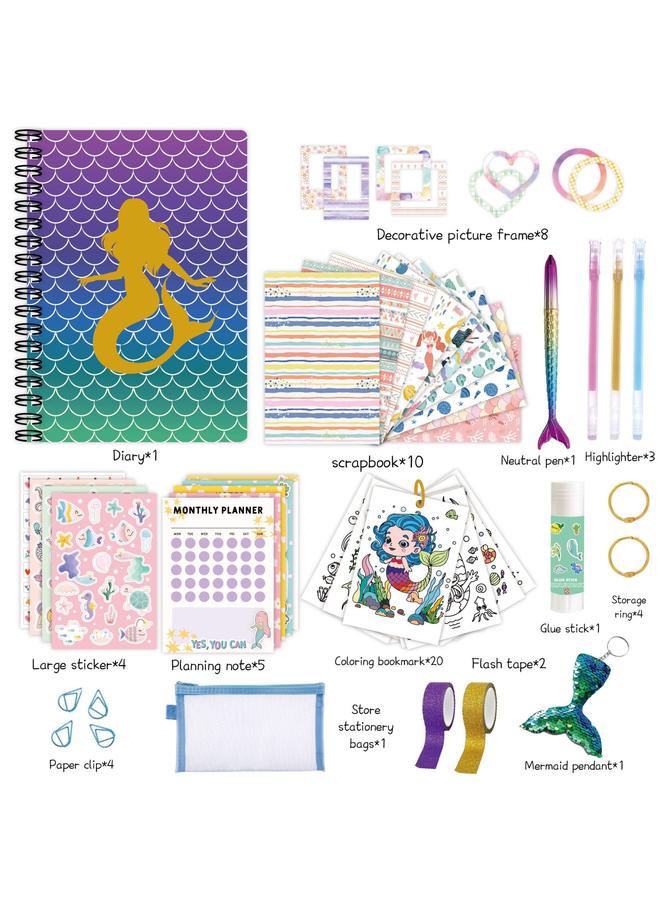 الأزرق جي دبليو DIY JOURNAL SET للأطفال الفتيات المفكرة القرطاسية صندوق هدايا دفتر الأستاذ مجموعة مذكرات حورية البحر - Image 1