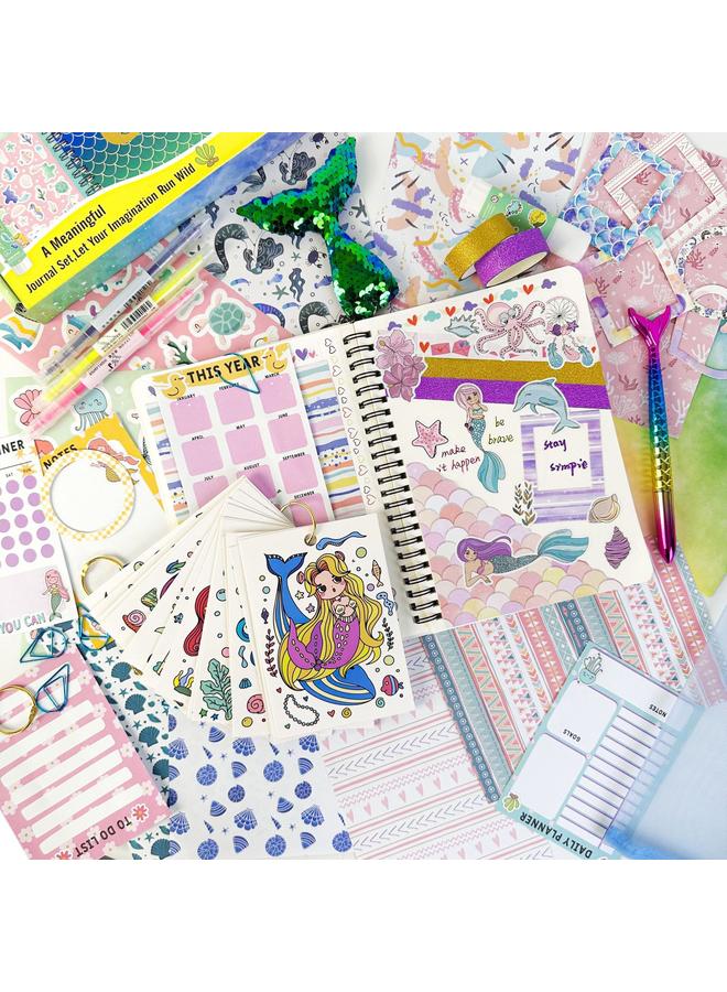 الأزرق جي دبليو DIY JOURNAL SET للأطفال الفتيات المفكرة القرطاسية صندوق هدايا دفتر الأستاذ مجموعة مذكرات حورية البحر - Image 5