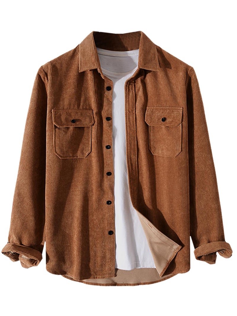 ZAFUL Pocket Patch Solid Color Corduroy Shirt Deep Coffee XL - Image 4