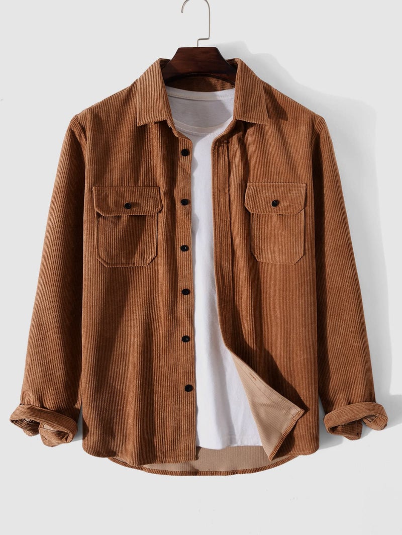 ZAFUL Pocket Patch Solid Color Corduroy Shirt Deep Coffee XL - Image 2