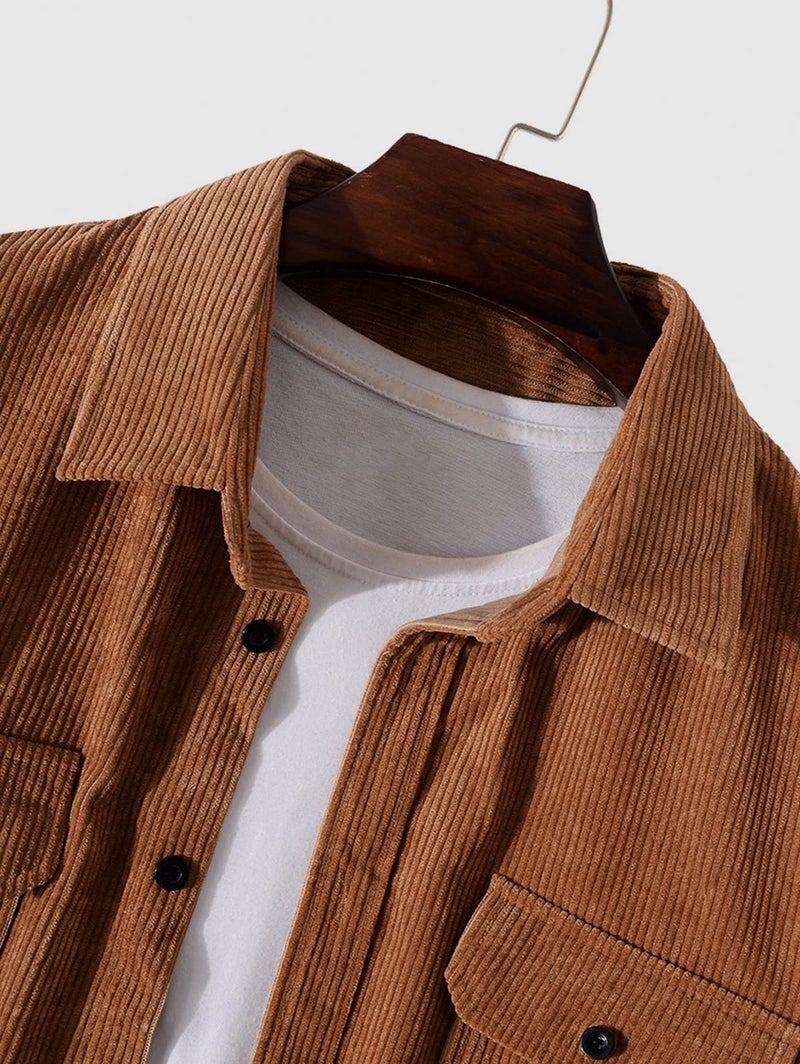 ZAFUL Pocket Patch Solid Color Corduroy Shirt Deep Coffee XL - Image 5