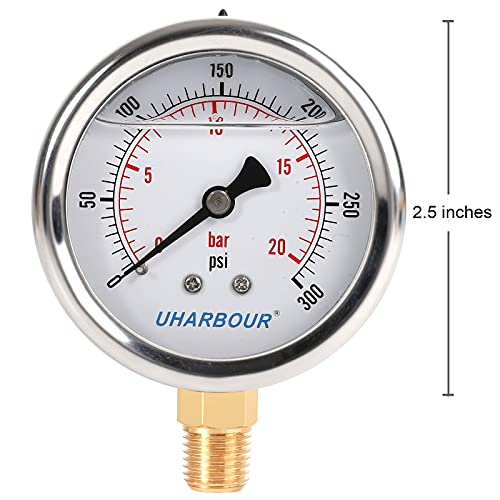 UHARBOUR Glycerin Filled Pressure Gauge 300psi/20bar, Stainless Steel case, Brass Inside Construction, 2-1/2" dial, 1/4" NPT Rear Connection. - Image 3