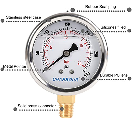 UHARBOUR Glycerin Filled Pressure Gauge 300psi/20bar, Stainless Steel case, Brass Inside Construction, 2-1/2" dial, 1/4" NPT Rear Connection. - Image 4