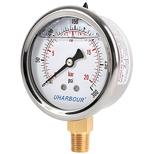 UHARBOUR Glycerin Filled Pressure Gauge 300psi/20bar, Stainless Steel case, Brass Inside Construction, 2-1/2" dial, 1/4" NPT Rear Connection. - Image 2