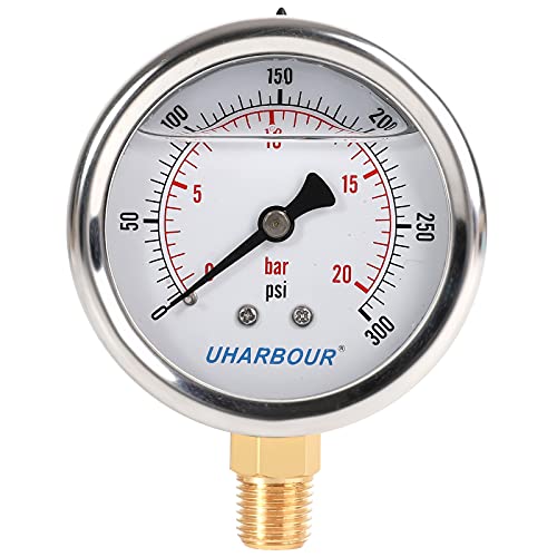UHARBOUR Glycerin Filled Pressure Gauge 300psi/20bar, Stainless Steel case, Brass Inside Construction, 2-1/2" dial, 1/4" NPT Rear Connection. - Image 1