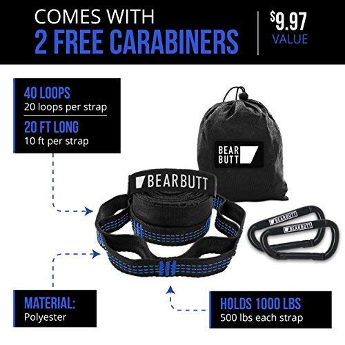 Bear Butt Kodiak Hammock Straps For Trees - 20 Feet Long Hammock Tree Straps - 40 Combined Loops - Holds 1000 Pounds - Camping Hammock Straps - Hammock Tree Straps With Carabiner - Hammock Accessories - Image 3