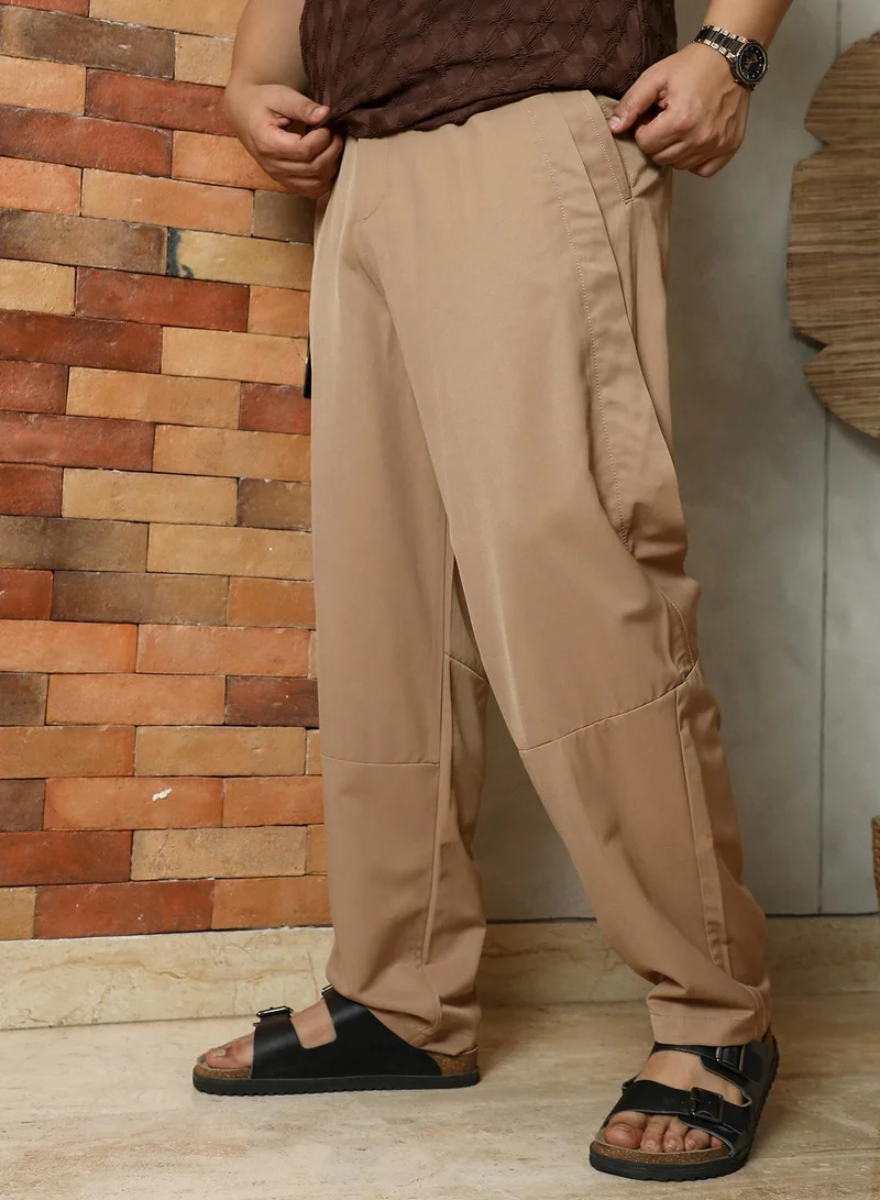 Instafab Plus Instafab Plus Men's Desert Beige Panelled Chino Trousers | Mid-Rise , Straight Hem , Button Closure | Solid Plain Polyester Blend Material For Street & Casual Wear
