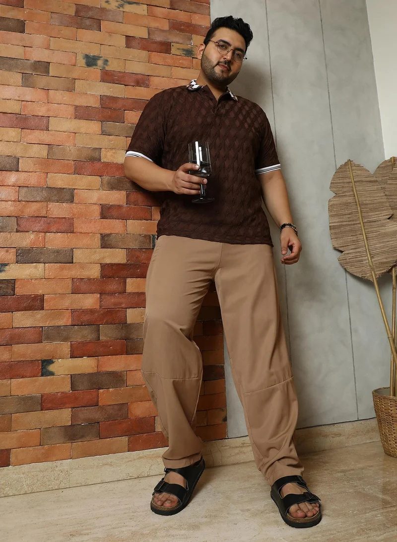 Instafab Plus Instafab Plus Men's Desert Beige Panelled Chino Trousers | Mid-Rise , Straight Hem , Button Closure | Solid Plain Polyester Blend Material For Street & Casual Wear