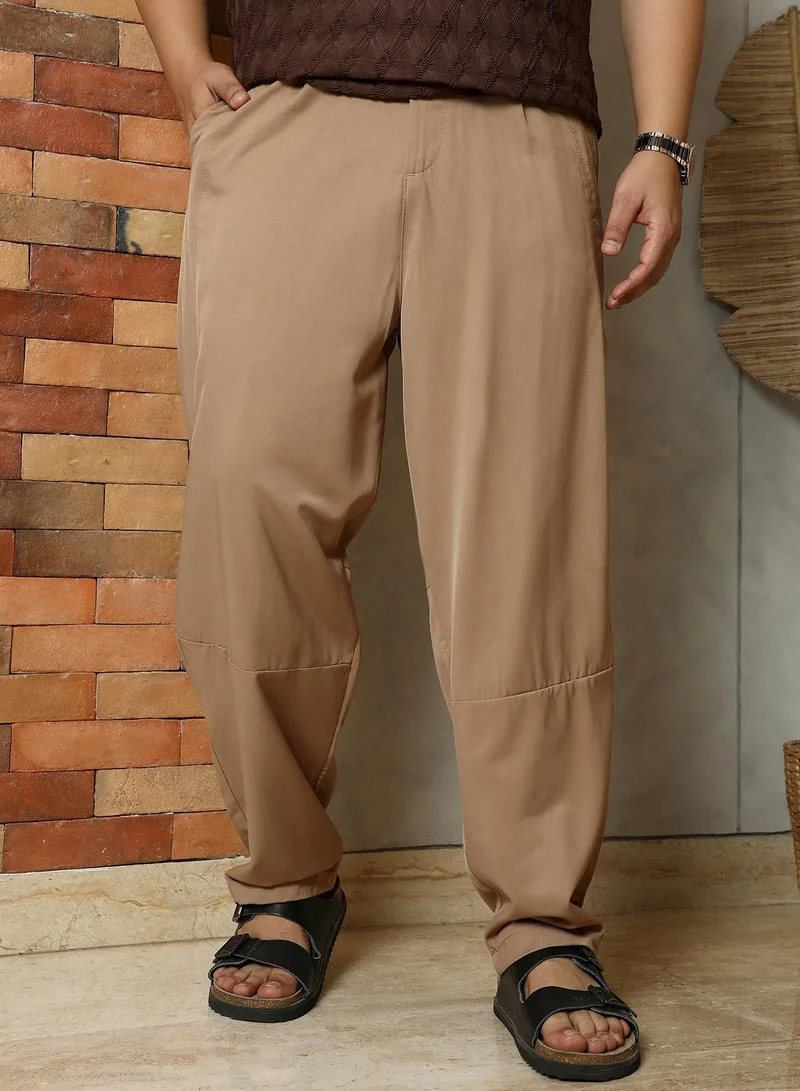 انستافاب بلس Instafab Plus Men's Desert Beige Panelled Chino Trousers | Mid-Rise , Straight Hem , Button Closure | Solid Plain Polyester Blend Material For Street & Casual Wear