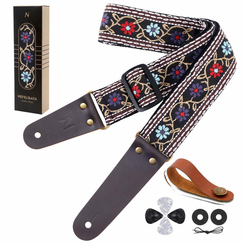 Nefelibata Guitar Strap, 2 Inch Guitar Straps with Full Grain Leather Ends for Bass, Electric and Acoustic Guitars (Free Guitar Accessory Set) - Image 1