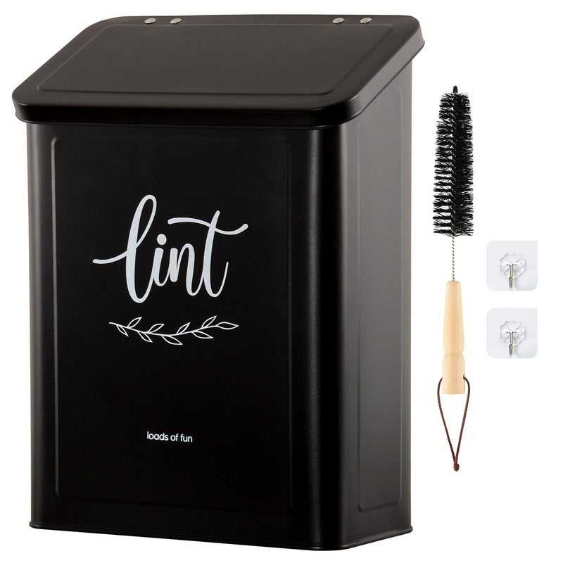 PERFNIQUE Magnetic Lint Bin for Laundry Room with Lint Brush Wall Mounted Lint Holder Trash can with lid for Dryer Modern Farmhouse Rustic Metal Laundry Room Storage Organization and DecorBlack