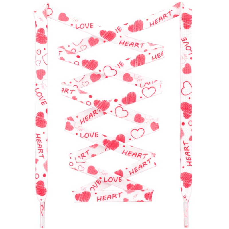 DANHUA Colored Flat Shoe laces: 2 Pair White Red Hearts Printed Shoelaces for Sneakers boot 47 inch - Image 1