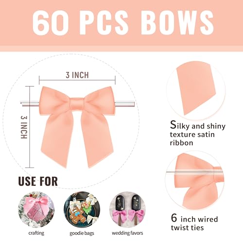 Rainbow Pana 60 Pack Twist Tie Bows for Treat Bags 3" Rose Gold Satin Ribbon Bows for Package Craft Gift Wrapping Decoration - Image 2