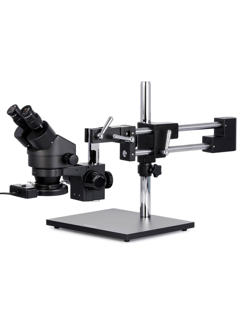AmScope AmScope SM4BZFRLB Professional Binocular Stereo Zoom Microscope WH10x Eyepieces 35X90X Magnification 07X45X Zoom Objective 8W Fluorescent Ring Light Black DoubleArm Boom Stand 110V120V Includes 05x and 20x Barlow Lenses  - Image 1