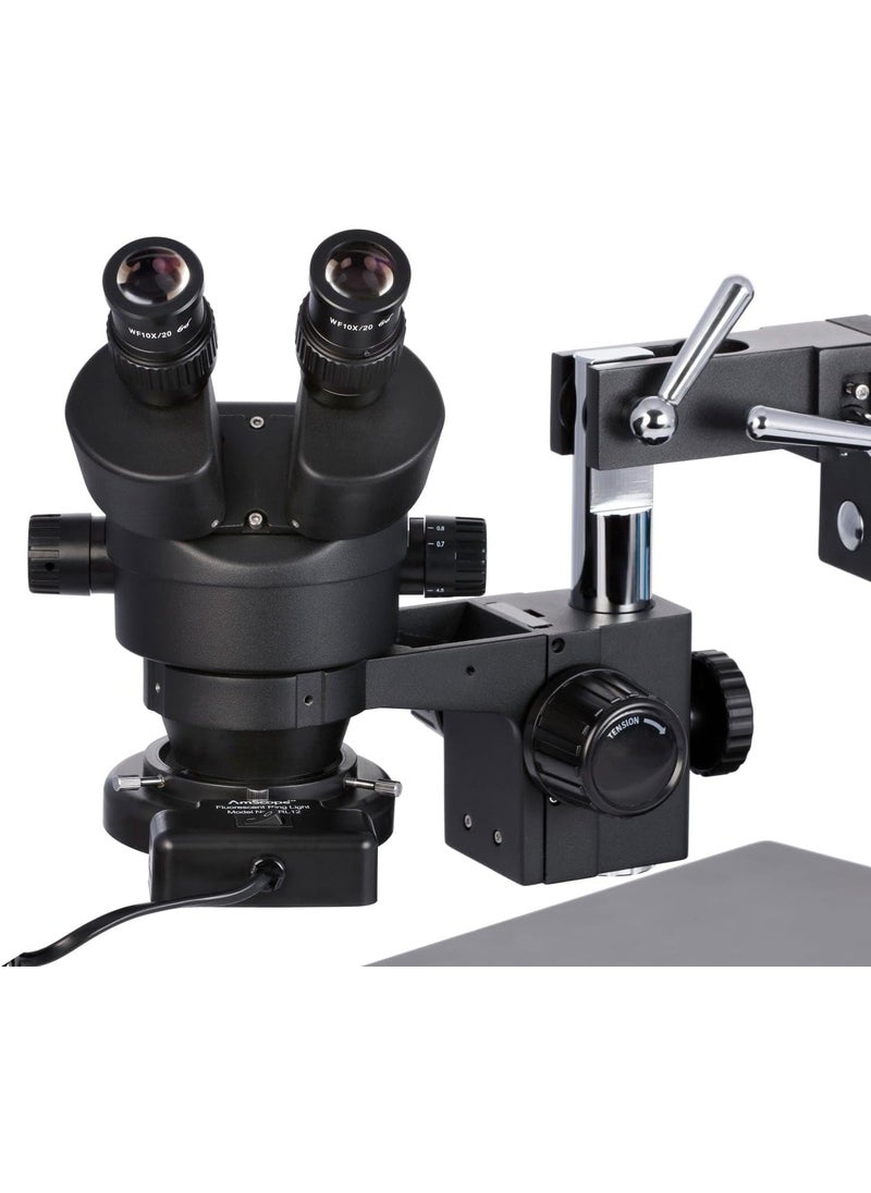 AmScope AmScope SM4BZFRLB Professional Binocular Stereo Zoom Microscope WH10x Eyepieces 35X90X Magnification 07X45X Zoom Objective 8W Fluorescent Ring Light Black DoubleArm Boom Stand 110V120V Includes 05x and 20x Barlow Lenses  - Image 3