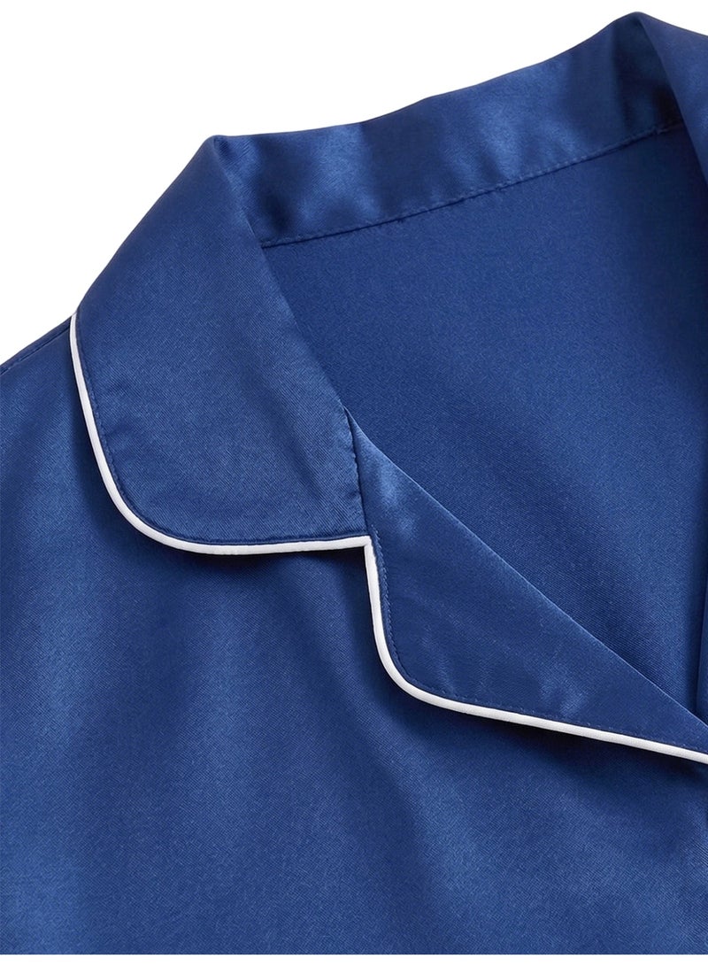 Women's Satin-Like Pajama Set, Short Sleeve Button Shirt & Shorts, Blue with Contrast Piping - Image 5